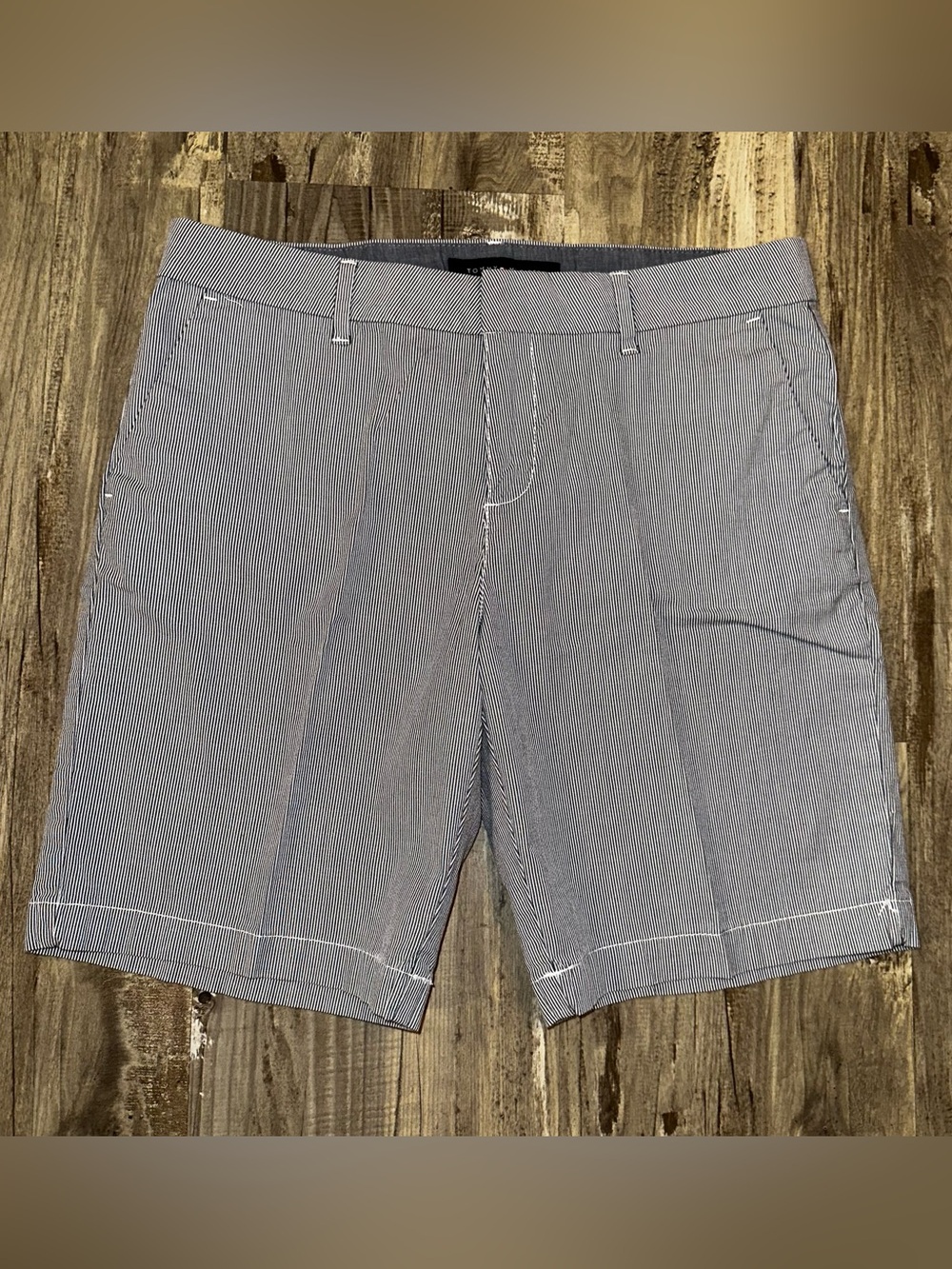 Tommy Hilfiger Navy Blue/White Striped Cotton Textured Bermuda Shorts-8